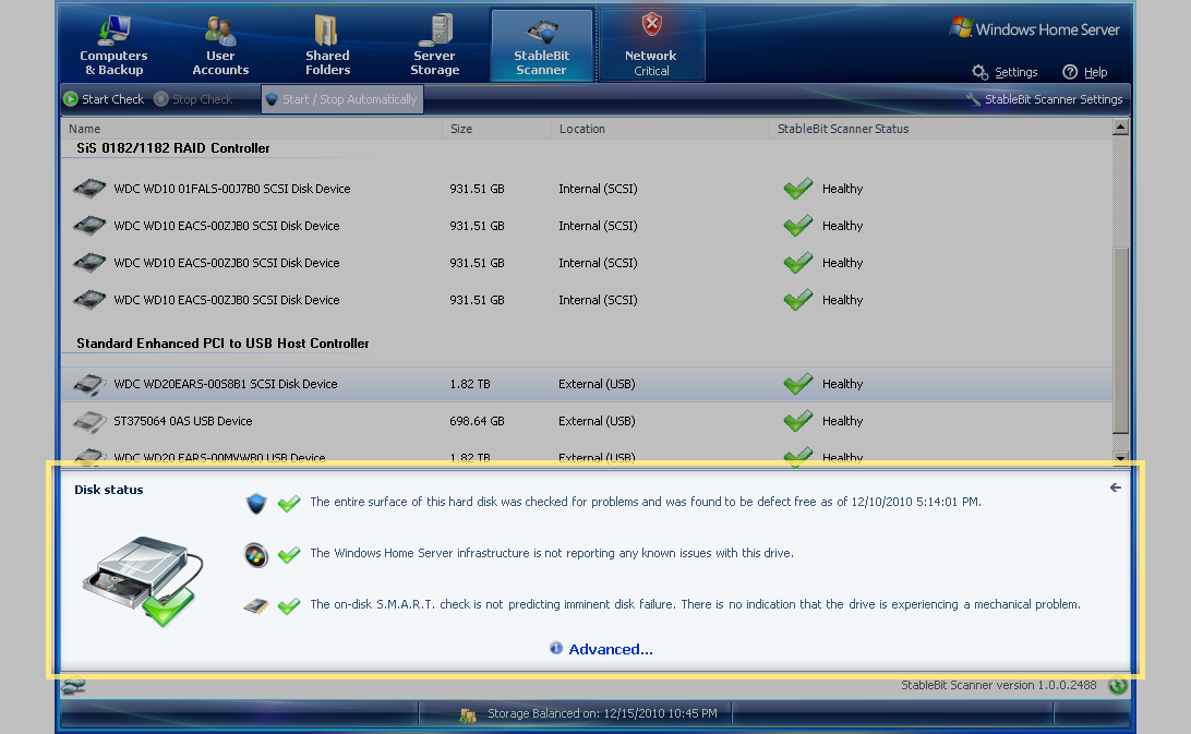 Disk Summary Panel